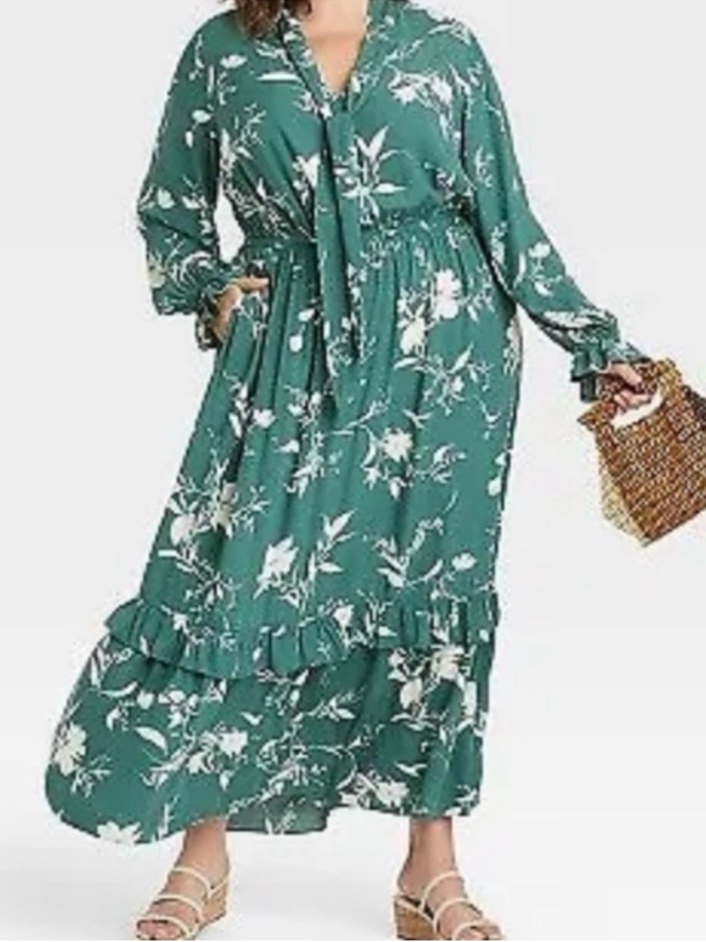 Ava & Viv Green Floral Tie-Neck Maxi Dress